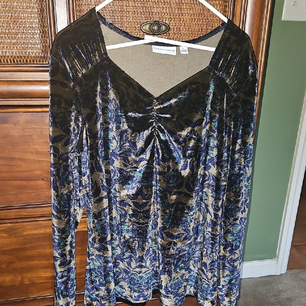 Susan Graver Velvet Floral Long Sleeve Top Large Mukticolor